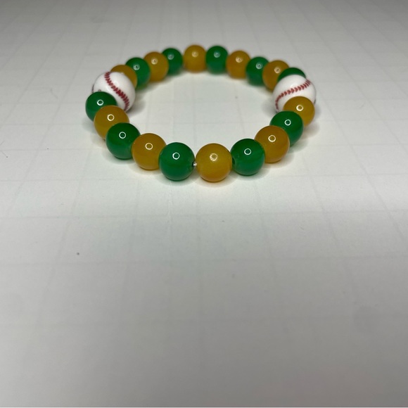 Handmade Elastic Green and Gold Baseball Bracelet - Picture 3 of 4